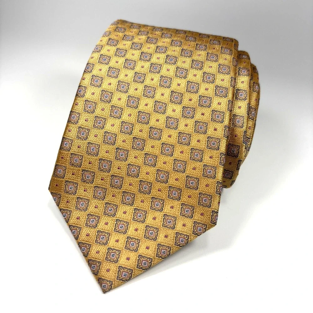 Daniel De Fasson Luxury Men Tie Gold & Geometric Foulard Design Silk XL 66 x 3.5